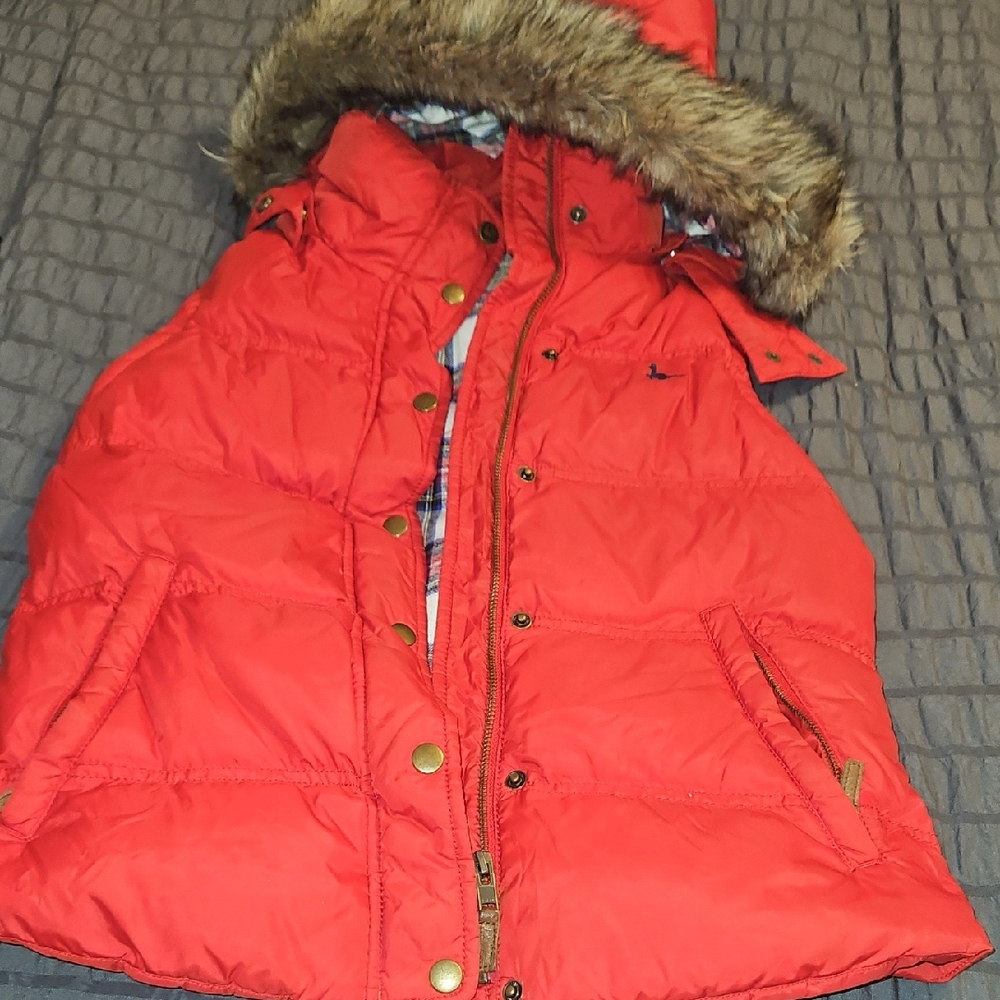 Jack Wills Red Puffer Jacket with Faux Fur Hood
